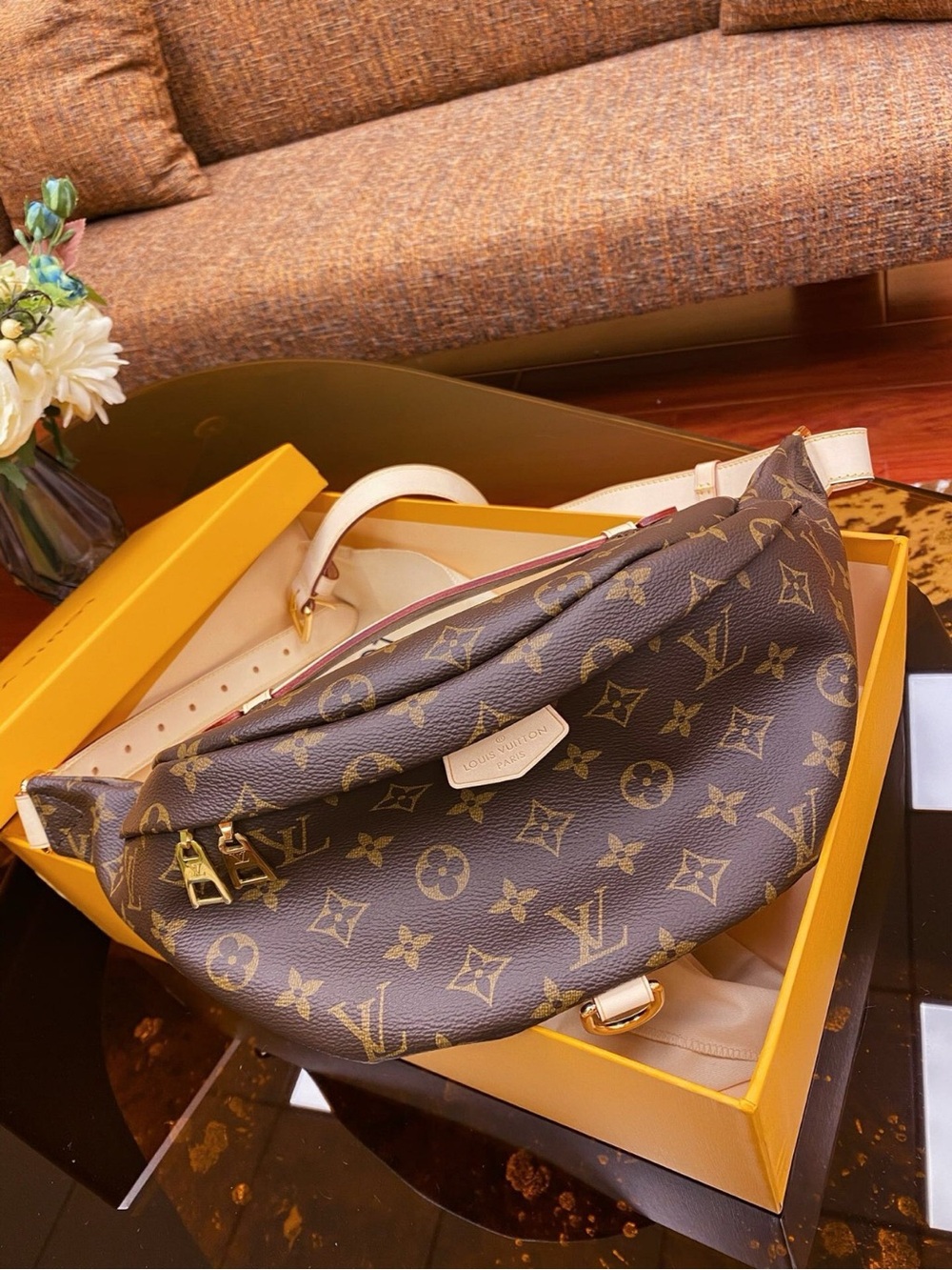 Louis Vuitton Brown Monogram Crossbody Bumbag with Beige Trim